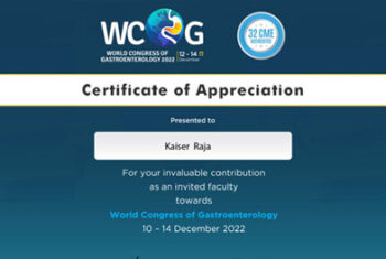Certificate of Appreciation presented to Kaiser Raja for your invaluable contribution as an invited faculty towards World Congress of Gastroenterology 10-14 December 2022