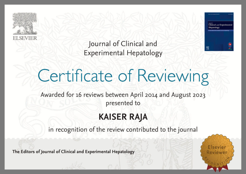 Awarded for 16 reviews between April 2014 and August 2023 presented to KAISER RAJA