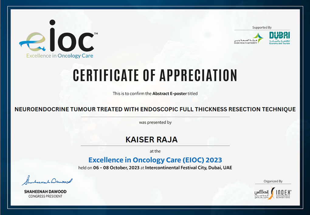 Neuroendocrine tumour treated with endoscopic full thickness resection technique was presented by Kaiser Raja at the Excellence in Oncology Care (EIOC) 2023