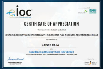 Neuroendocrine tumour treated with endoscopic full thickness resection technique was presented by Kaiser Raja at the Excellence in Oncology Care (EIOC) 2023